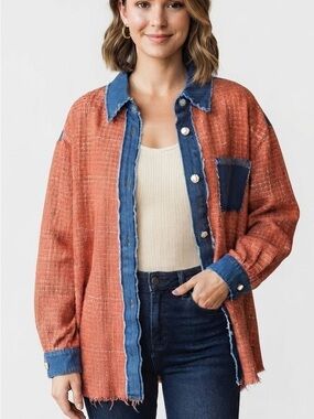 Umgee Orange Tweed & Denim Patchwork Shirt Jacket